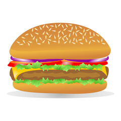 burger stuffed with ham, cheese, tomatoes, onions, lettuce
