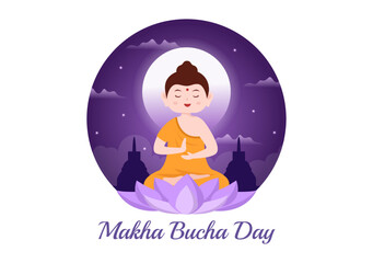 Happy Makha Bucha Day Template Hand Drawn Cartoon Flat Illustration Buddha Sitting in Lotus Flower under Bodhi Tree at Night Surrounded by Monk