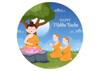Obraz na płótnie Canvas Happy Makha Bucha Day Template Hand Drawn Cartoon Flat Illustration Buddha Sitting in Lotus Flower under Bodhi Tree at Night Surrounded by Monk