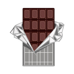 A tile of dark chocolate in foil, isolated on a white background.Vector illustration of dessert.
