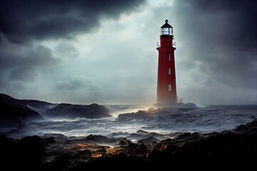 Naklejka premium Red Lighthouse in the storm