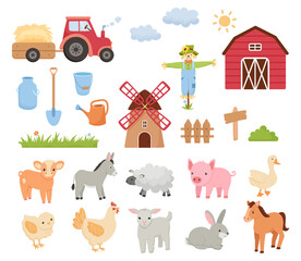 Big set of vector childish flat cartoon illustrations isolated on white. Tractor, barn, scarecrow and cute farm animals. Mill, fence, rabbit and donkey