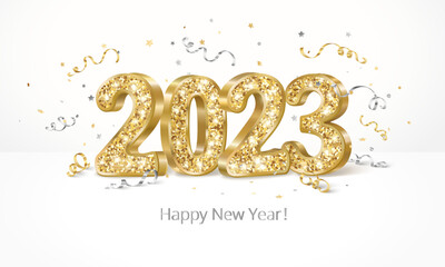 Obraz na płótnie Canvas 3d golden glitter numbers 2023 standing on white background. Happy new year banner. Gold and silver confetti, flying ribbons. Vector. For Christmas and holiday cards, calendars, party posters.