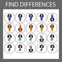 Developing activity for children - find the difference. Logic game for children. Find an extra dolls