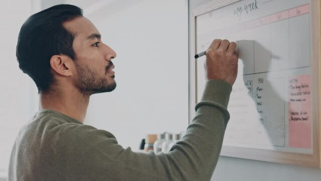 Planning, calendar and businessman whiteboard writing schedule for time management strategy. Entrepreneur, project manager or remote worke manager with creative week list, scrum or priority planner