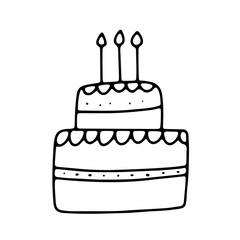 Funny birthday cake with candles. Doodle vector illustration isolated on white