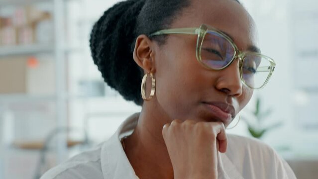 Black Woman On Computer Thinking Of Ideas, Goal And Vision Planning, Working And Inspiration. Designer With Focus Glasses, Mindset Strategy And Remember Solution For Opportunity, Idea And Decision