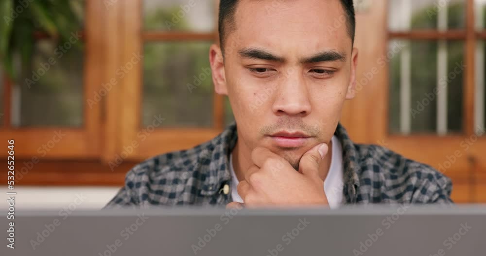 Poster Man, thinking and working on laptop in business, plan or problem solving for work strategy at home. Focused and serious male web designer employee worker reading, code or email on computer