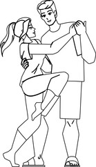 couple dancing line pencil drawing vector. happy young woman man, fun dance, modern home, romantic lifestyle couple dancing character. people Illustration