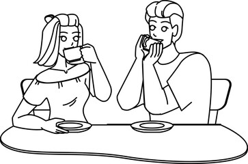 couple drinking coffee line pencil drawing vector. man drink, woman happy, love young home, family lifestyle, together breakfast couple drinking coffee character. people Illustration