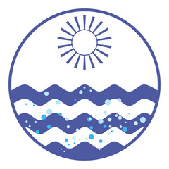 Blue and white round emblem with sun and sea