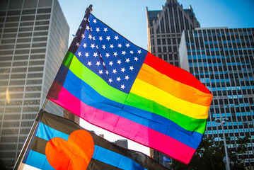 LGBT pride flag mixed with the United States flag in Hart Plaza in Detroit