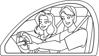 couple driving line pencil drawing vector. car summer, road travel, happy vacation, trip woman man, young journey vehicle couple driving character. people Illustration