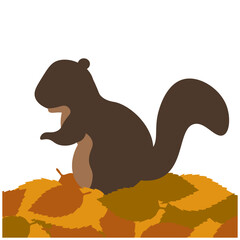落ち葉の山に佇む1匹のリス