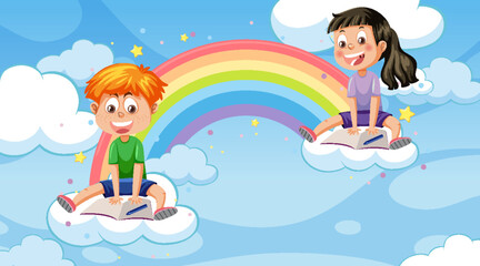 Kids sitting on the clouds in the sky