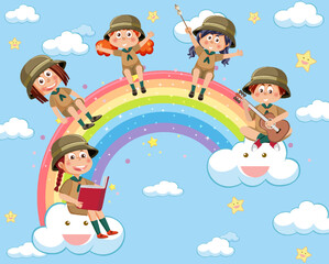 Happy kids in in the sky with rainbow