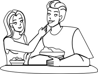 couple eating line pencil drawing vector. food man woman, happy lunch, together meal couple eating character. people Illustration