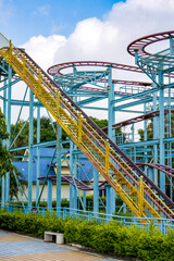 Close-up of roller coaster track in an amusement park