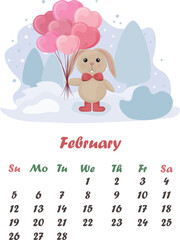 Obraz premium Calendar February. Cute calendar with the image of a rabbit in love, with balloons in the form of hearts. Winter illustration with a cute bunny with balloons . Vector