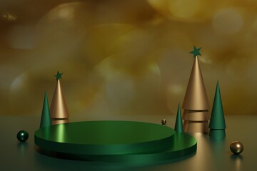 3d render of green podium and gold cone Christmas trees with balls and stars on golden bokeh background