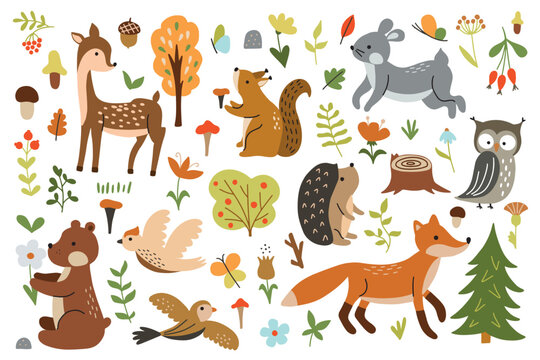 Bright set of cute forest animals with elements of nature. Ideal for scrapbooking, postcards, posters, tags, stickers. Hand drawn vector illustration.