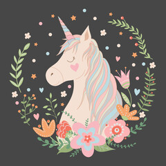 Cute pink unicorn with flowers and floral elements, on a dark background.