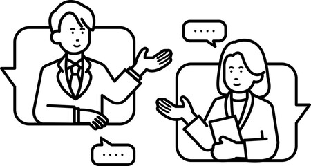 コミュニケーションを取るビジネスパーソンのイメージイラスト素材　線画のみ