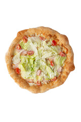 Homemade pizza with salad and tomatoes. View from above. Transparent.