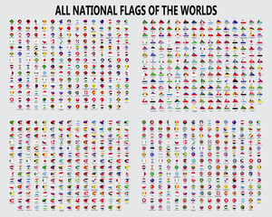 All national flags of the worlds.Different Styles: Circle, Square, Rectangle - Vector Flat Icons