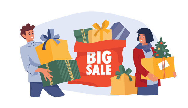 People with gifts. Girl and guy with a gift box. Christmas sale. Preparing for Christmas. Vector image.