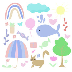 Baby hand drawn design for textiles, posters, cards. Fabric kids design. Lovely flowers, rainbow, balls and more in delicate pastel colors