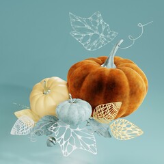 3D Illustration render Autumn collection composition of pumpkins nuts leaves pastel soft colors velvet