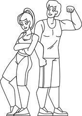 couple fitness line pencil drawing vector. fit man workout, woman sport, healthy lifestyle, female gym, training male exercise couple fitness character. people Illustration