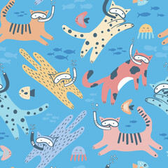 Cats underwater. Childish seamless pattern with pets and fish on a blue background. Can be used for wallpaper, textile, print. 