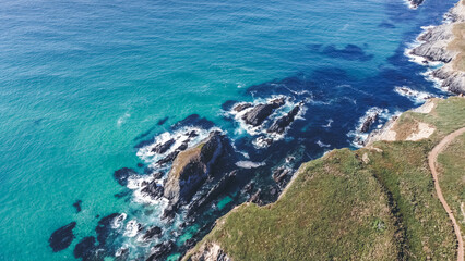 Vista aérea con drone en la playa Valdoviño, Ferrol, Galicia, España