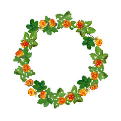 round frame with watercolor cloudberry berries on a white background.