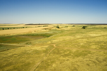 steppe rural landscape sun-scorched grass road and blue sky