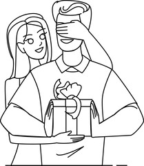 couple gift line pencil drawing vector. woman present, young love, happy girlfriend, man boyfriend, holiday anniversary couple gift character. people Illustration