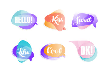 Set of talk expressions in speech bubbles. Hello, kiss, sweet, like, cool, ok greeting phrases and words cartoon vector illustration