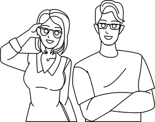 couple glasses line pencil drawing vector. woman happy, man young love, portrait girl, smile lifestyle, male fashion eyewear couple glasses character. people Illustration