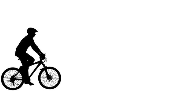 Black silhouette of cyclist in sportswear and bicycle helmet isolated on white background with alpha channel. Traveling male bicyclist on sports bike. A man pedaling and holding handlebars of bicycle.