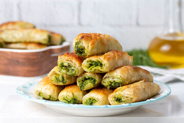 Turkish Tepsi Boregi, Round Borek, Tray pastry (Turkish name; rulo borek - sigara boregi)
