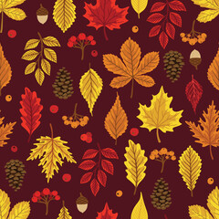 Seamless pattern with acorns, autumn leaves, mushrooms. Perfect for wallpaper, gift paper, pattern fill, autumn greeting cards.