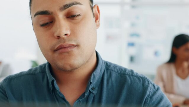 Creative thinking, reading email and businessman on a laptop in an office, typing proposal on the internet and working on research on the web at work. Pc programmer with innovation idea at startup