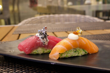 Keto nigiri sushi, Salmon and tuna sushi Japanese food. Keto diet healthy food.