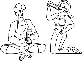 couple gym line pencil drawing vector. workout man, woman, fit, training healthy, sport exercise, body young athlete couple gym character. people Illustration