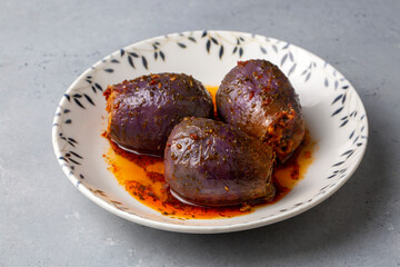 Traditional delicious Turkish foods; eggplant stuffed (Turkish name; patlican dolmasi)