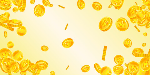 Korean won coins falling. Scattered gold WON coins. Korea money. Great business success concept. Wide vector illustration.