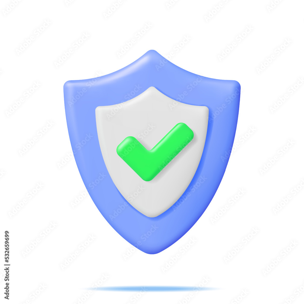 Poster 3d right button in shield shape. green yes or correct sign render. green checkmark tick represents c