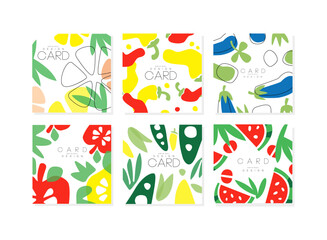 Fototapeta premium Abstract vegetable and fruit card design set. Banner, poster, cover, background with pepper, eggplant, apple, watermelon cartoon vector illustration